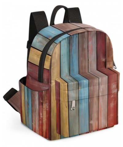 Vintage Wooden Striped Mini Backpack Purse for Women Girls, Rainbow Wooden Texture Small Backpack Lightweight Casual Travel B...