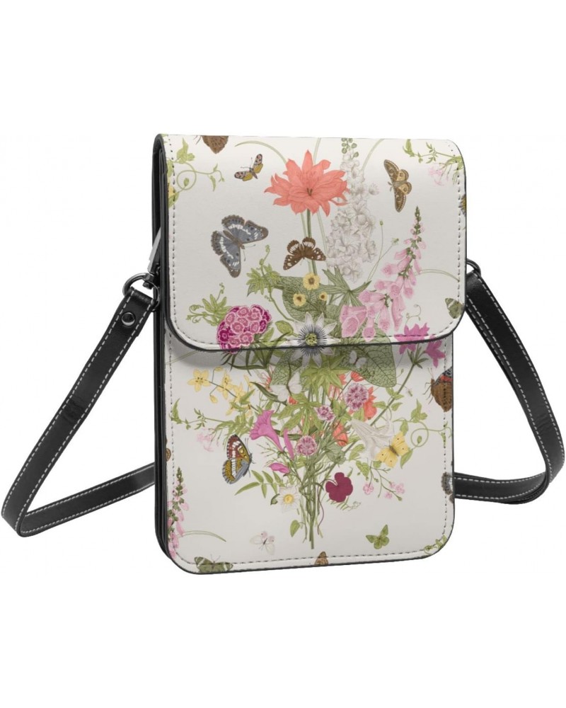 Elegant Flowers Butterfly Nature Beige Crossbody Cell Phone Purse for Womens Lightweight Small Soft Leather Fashion Travel Wa...