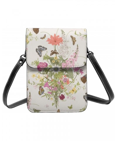 Elegant Flowers Butterfly Nature Beige Crossbody Cell Phone Purse for Womens Lightweight Small Soft Leather Fashion Travel Wa...