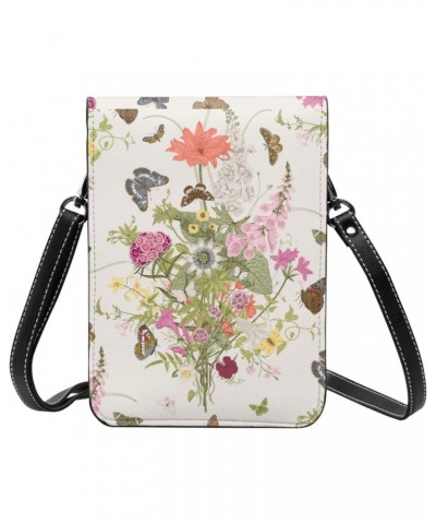 Elegant Flowers Butterfly Nature Beige Crossbody Cell Phone Purse for Womens Lightweight Small Soft Leather Fashion Travel Wa...