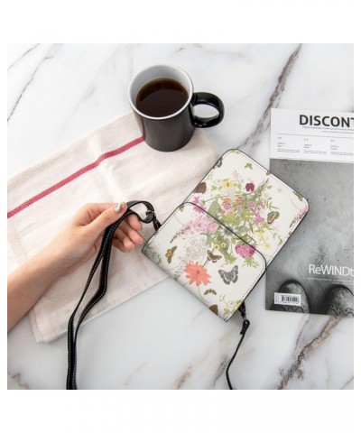 Elegant Flowers Butterfly Nature Beige Crossbody Cell Phone Purse for Womens Lightweight Small Soft Leather Fashion Travel Wa...