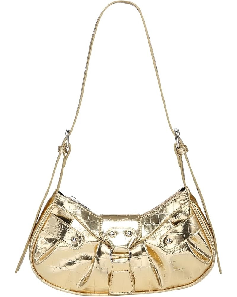 Women's Pleated Hobo Shoulder Bag PU Leather Clutch Handbag Metallic Gold $13.80 Shoulder Bags