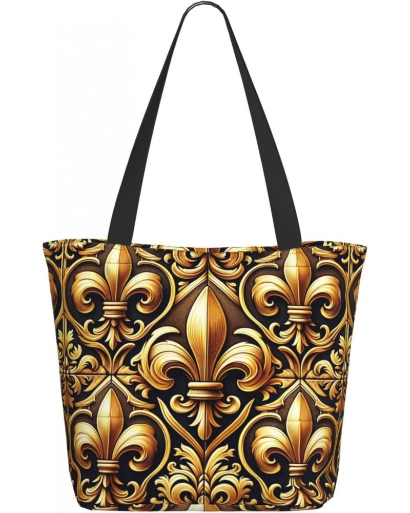 Women Shoulder Bag Luxury-Royal-Fleur-De-Lis Foldable Tote Bag With Zipper Closure Casual Shopping Purse Daily Bag $15.09 Totes