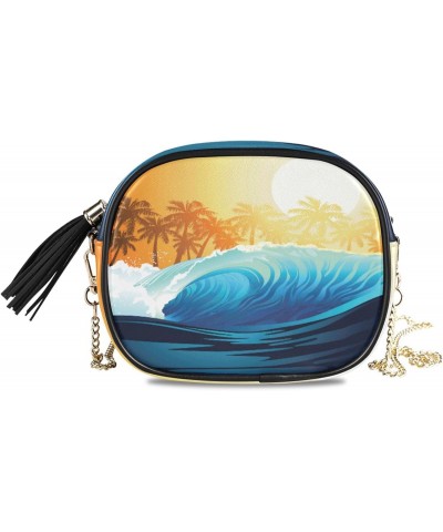 Crossbody Purse Small Crossbody Bags Shoulder Handbags Wave Sunrise Palm Trees for Women $10.25 Shoulder Bags