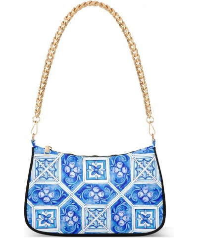 Portuguese Tiles Fashion Quilted Crossbody Bag for Women Shoulder Evening Purse with Gold Chain & Smooth Zipper Shoulder Satc...