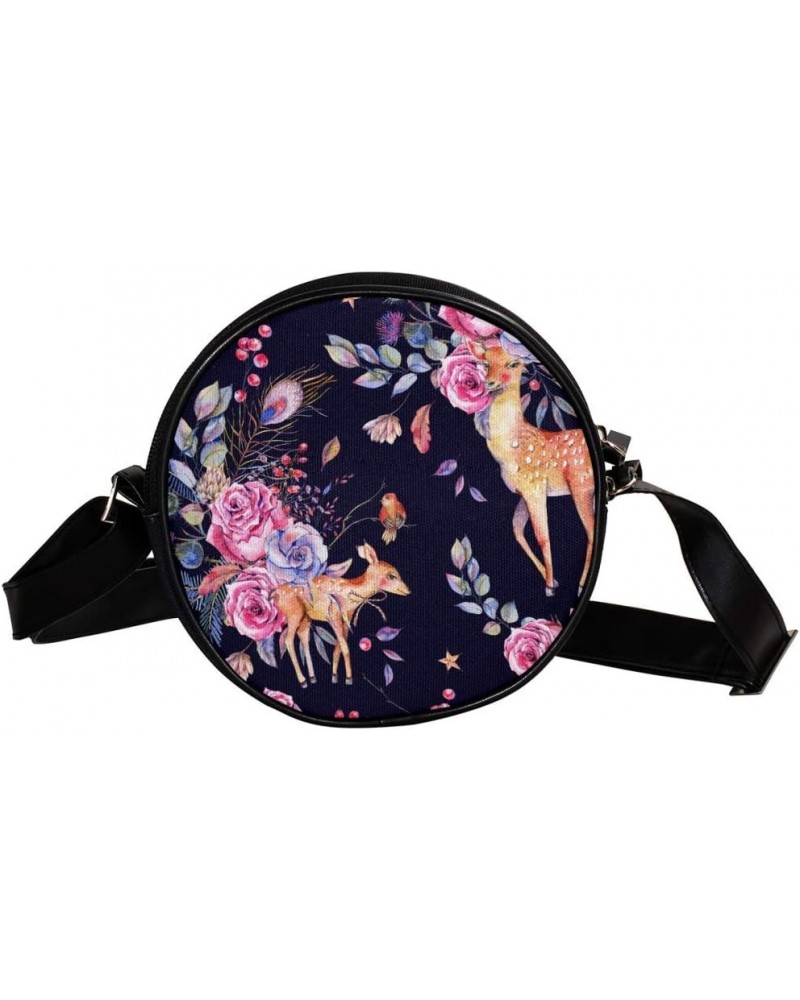 Cute Deer Fawn Vintage Circle Shoulder Bags Cell Phone Pouch Crossbody Purse Round Wallet Clutch Bag For Women With Adjustabl...