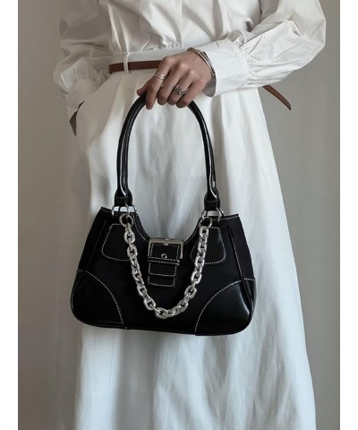 Tote Bag Women Y2K Contrast Hobo Bag Fashion Splicing Handbag Patchwork Top Handle Shoulder Bag with Chain Black $14.84 Totes