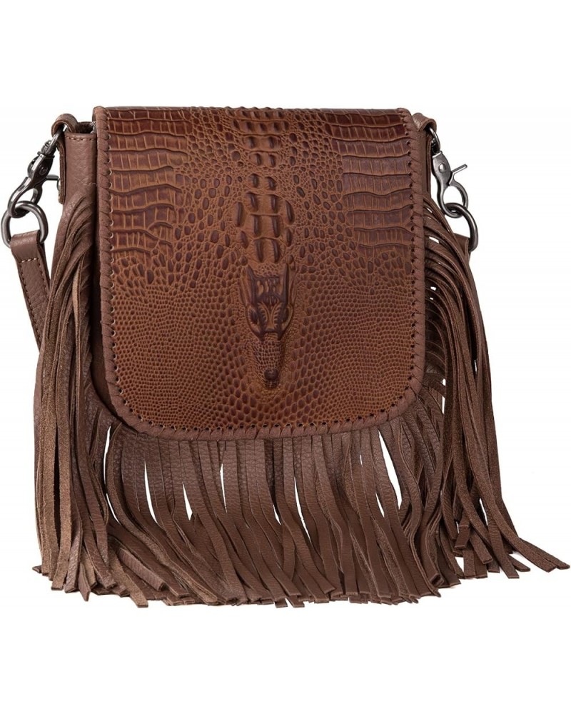 Western Crossbody Bags for Women Cowgirl Small Tooled Fringe Leather Purse G-embossed Crocodile Brown $31.85 Crossbody Bags