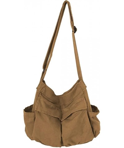 Women Men Hobo Bag With Multiple Pockets Crossbody Big Capacity Canvas Messenger Bag Solid Color Casual Tote (Khaki,41X35X3 c...