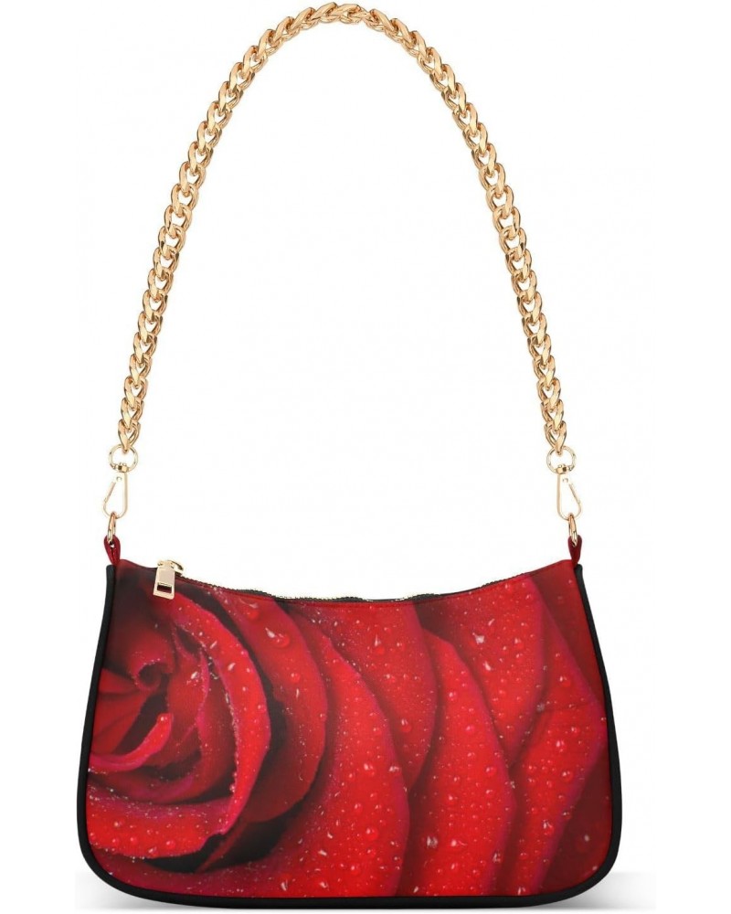 Red Rose Petals Valentine Day Womens Shoulder Bag for Women, Girls Hobo Tote Handbag Gold Chain Crossbody Bag with Zipper Clu...