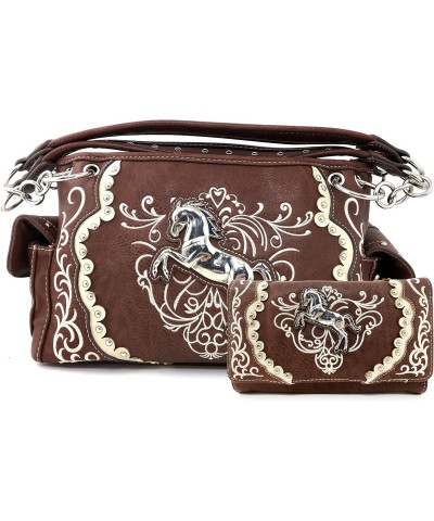 Horse Embroidery Studded Concealed Carry Handbag Purse Matching Wallet (Brown Handbag and wallet) $28.66 Shoulder Bags