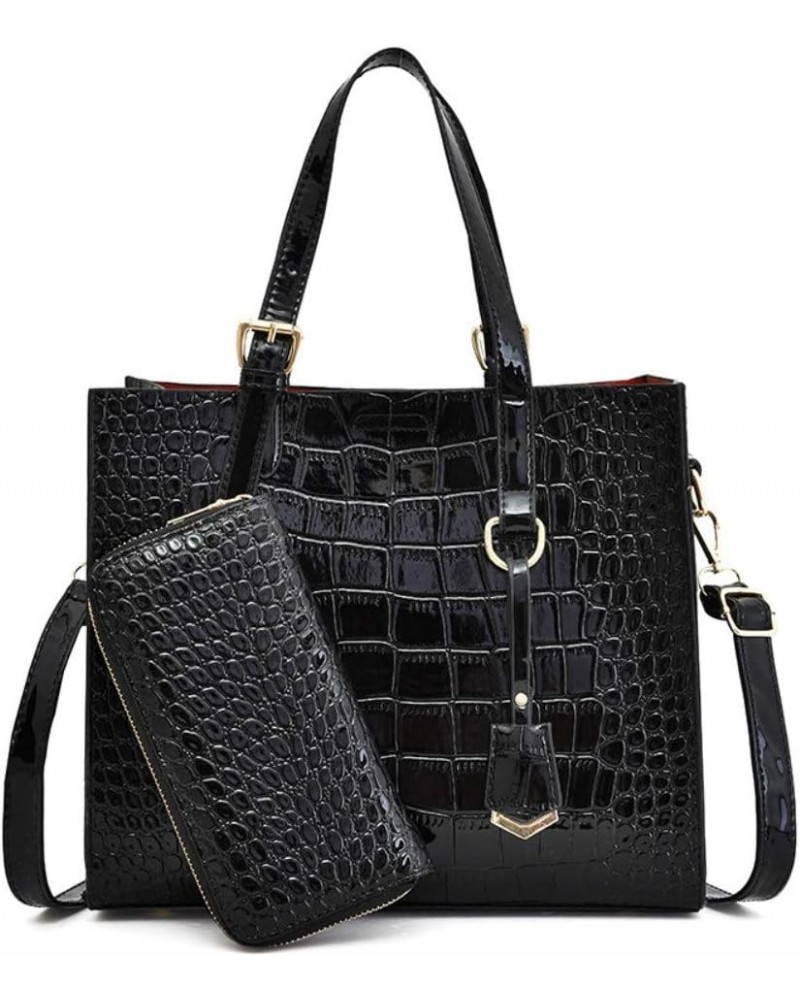 Women's Retro Crocodile Pattern PU Two-piece Set Portable Zipper Handbag (black) Black $42.36 Totes