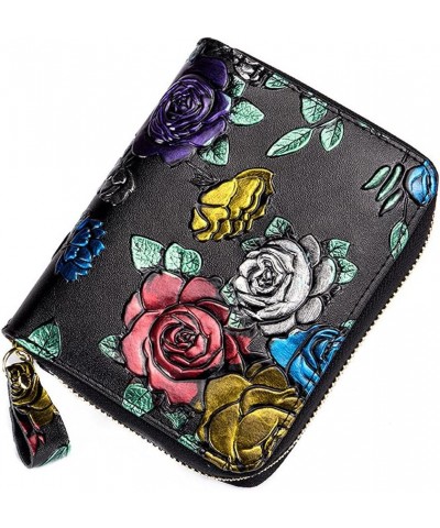 Genuine Leather Zip Wallet First Layer Cowhide RFID Blocking Organ Hand Painted Flower Card Holder Purse Coin Pocket Women Cl...