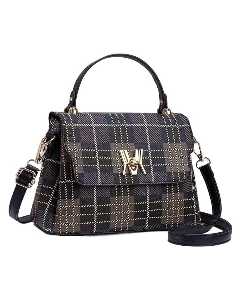 Women's Plaid Stitching Handbag Contrast Top Handle Satchel Tote Work Bag Fashion Checked Patchwork Handle Bag Black $20.34 T...