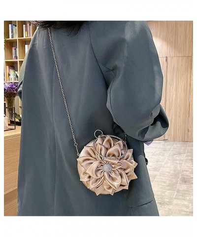 Women Flower Shaped Rhinestone Clutch Soft Satin Wristlet Handbag Round Purse Wedding Party Purse Clutch Evening Bag Coffee $...