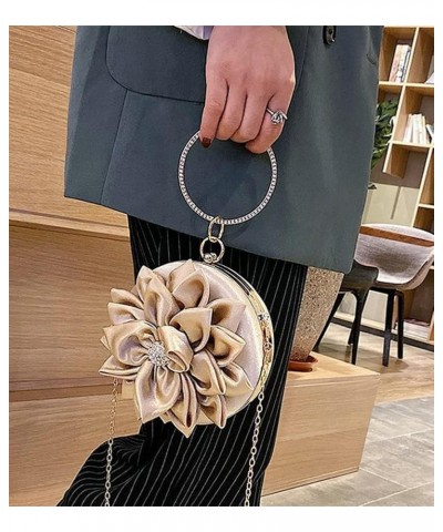 Women Flower Shaped Rhinestone Clutch Soft Satin Wristlet Handbag Round Purse Wedding Party Purse Clutch Evening Bag Coffee $...