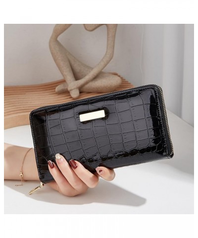 Fashion ID Long Wallet Stone Pattern Solid Color Women Zipper Purse Multiple Card Slots Clutch Bag (Brown, One Size) Black On...