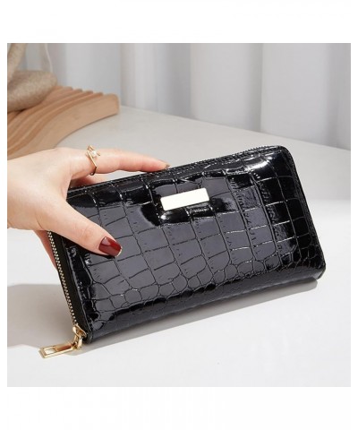 Fashion ID Long Wallet Stone Pattern Solid Color Women Zipper Purse Multiple Card Slots Clutch Bag (Brown, One Size) Black On...