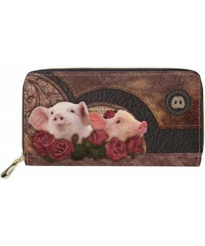 Rose Flower Pig Print Women Leather Wallets Large Capacity Long Purse Phone Card Holder Clutch Wallet Rose Flower Pig $12.17 ...