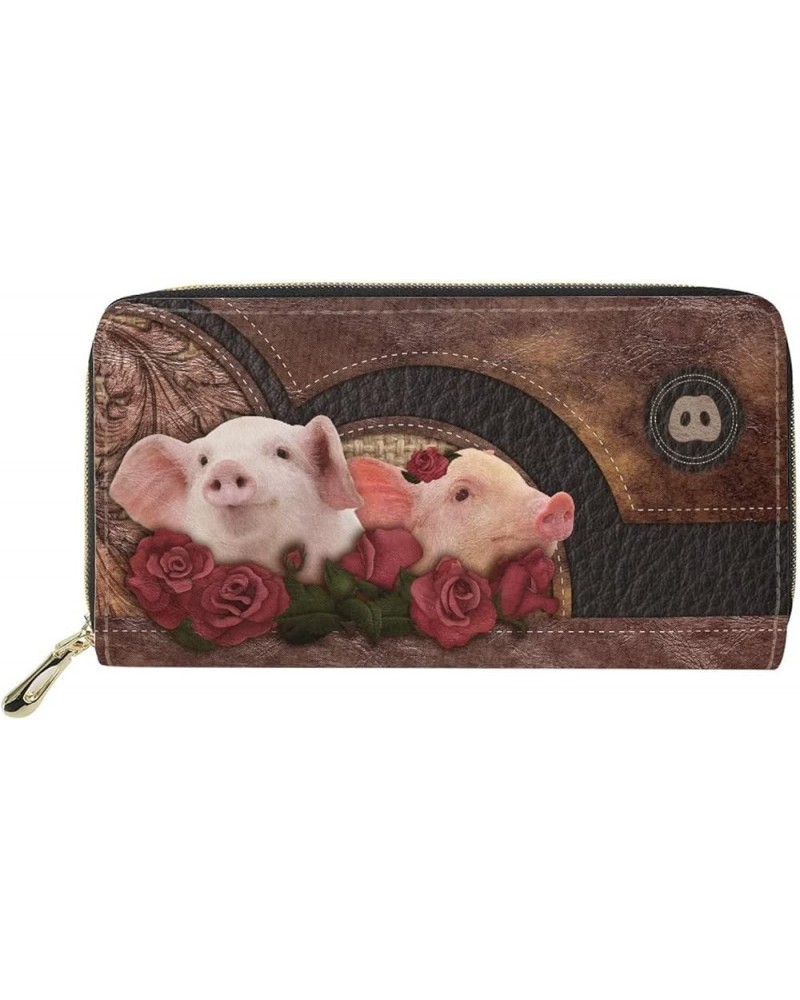 Rose Flower Pig Print Women Leather Wallets Large Capacity Long Purse Phone Card Holder Clutch Wallet Rose Flower Pig $12.17 ...