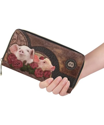 Rose Flower Pig Print Women Leather Wallets Large Capacity Long Purse Phone Card Holder Clutch Wallet Rose Flower Pig $12.17 ...