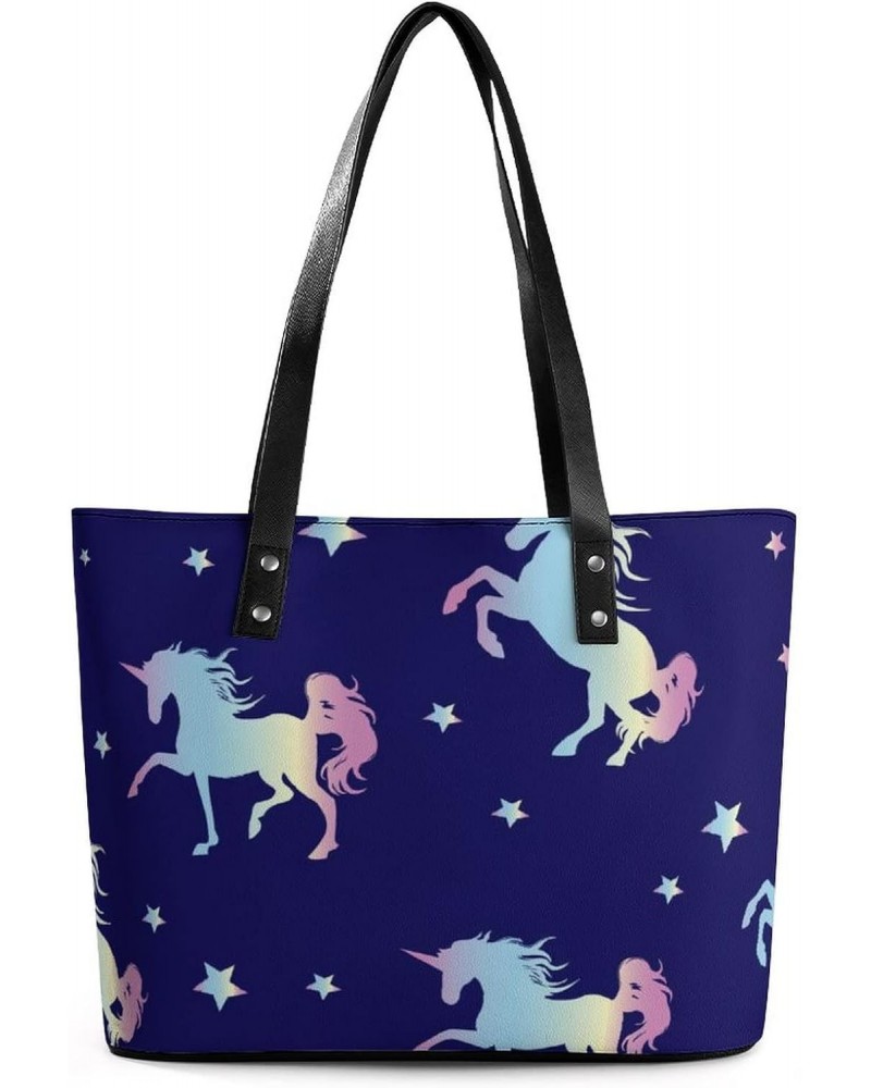 Womens Handbag Unicorn With Stars Pattern Leather Tote Bag Top Handle Satchel Bags For Lady $16.10 Totes