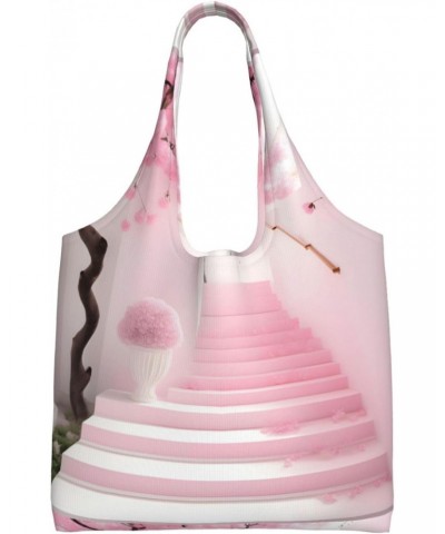 Pink Cherry Blossom Staircase Extra Large Capacity Shoulder Canvas Bag For Shopping Travel Daily Use $15.40 Totes