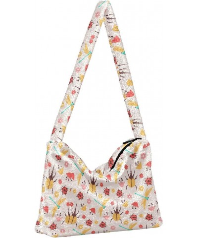 Insects and Flowers Pattern Faux Plush Tote Handbags Versatile Underarm Bag Stylish Shuolder Bag for Women $10.12 Totes