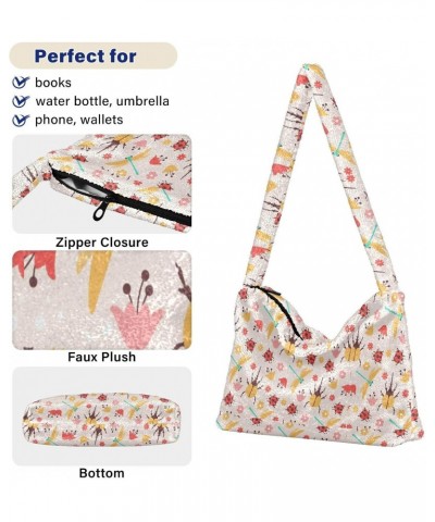 Insects and Flowers Pattern Faux Plush Tote Handbags Versatile Underarm Bag Stylish Shuolder Bag for Women $10.12 Totes