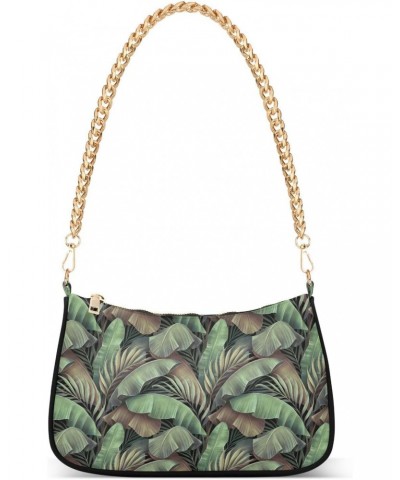 Women Chain Shoulder Purse Bag With Zipper Tropical Palm Leaves Print, Exotic Style Hobo Tote Clutch Handbags with Chain Stra...