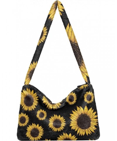 Black Sunflowers Furry Tote Bag for Women Crossbody Bag Shoulder Purse Handbag Handbag with Zipper for Men $10.29 Totes