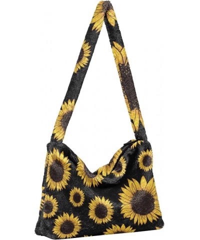 Black Sunflowers Furry Tote Bag for Women Crossbody Bag Shoulder Purse Handbag Handbag with Zipper for Men $10.29 Totes