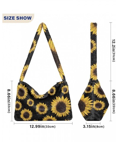 Black Sunflowers Furry Tote Bag for Women Crossbody Bag Shoulder Purse Handbag Handbag with Zipper for Men $10.29 Totes