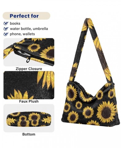 Black Sunflowers Furry Tote Bag for Women Crossbody Bag Shoulder Purse Handbag Handbag with Zipper for Men $10.29 Totes