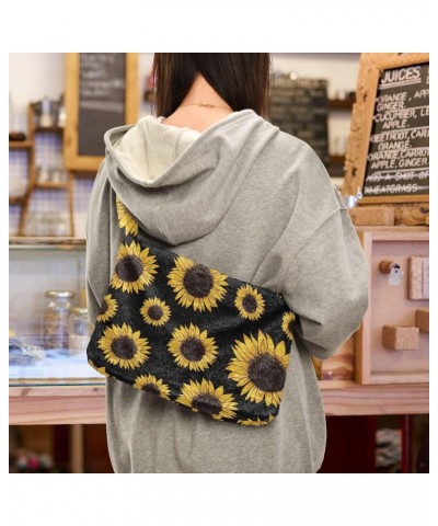 Black Sunflowers Furry Tote Bag for Women Crossbody Bag Shoulder Purse Handbag Handbag with Zipper for Men $10.29 Totes