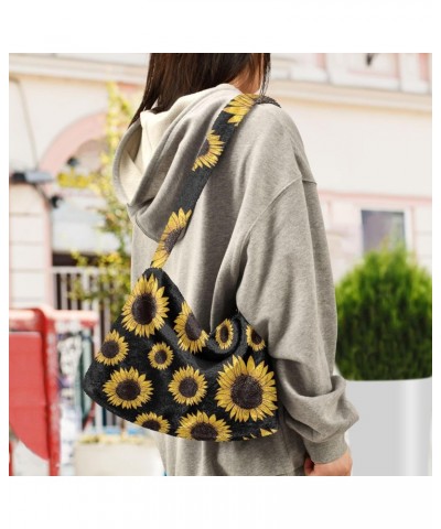 Black Sunflowers Furry Tote Bag for Women Crossbody Bag Shoulder Purse Handbag Handbag with Zipper for Men $10.29 Totes