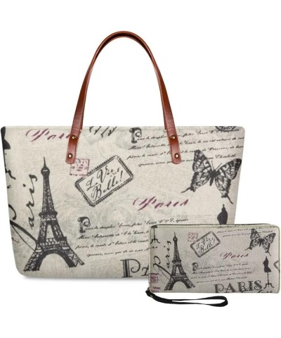 2 Pcs Large Tote Handbag with PU Wallet, Women Hand bags Purses, Top Handle Bag Satchel Shoulder Bag Newspaper Paris-off Whit...