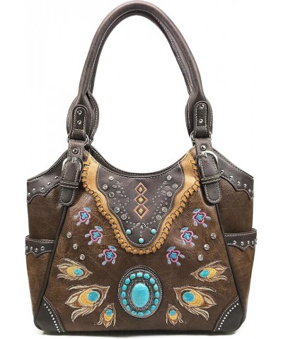 Turquoise Stone Concho Peacock Feather Women Conceal Carry Tote Purse Bag Brown $35.69 Totes