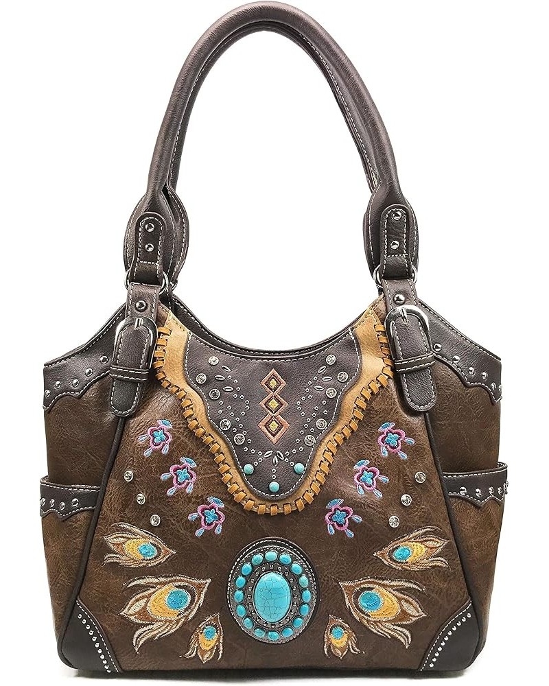 Turquoise Stone Concho Peacock Feather Women Conceal Carry Tote Purse Bag Brown $35.69 Totes