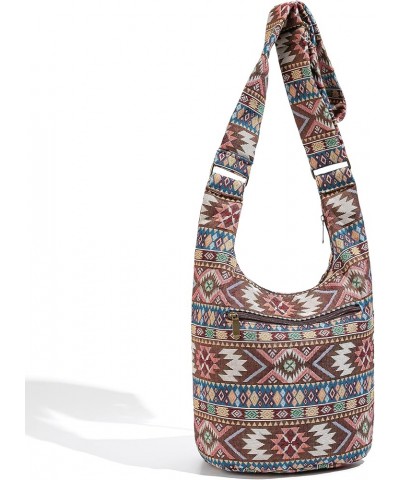 Women Hippie Crossbody Bag Top Zip Large capacity Canvas Sling Bag Jacquard cloth Handmade Bags Boho Brown $13.24 Hobo Bags