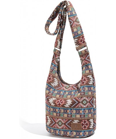 Women Hippie Crossbody Bag Top Zip Large capacity Canvas Sling Bag Jacquard cloth Handmade Bags Boho Brown $13.24 Hobo Bags