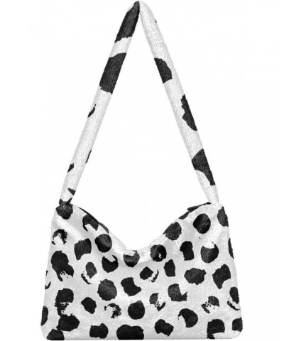 Black White Dots Fluffy Crossbody Bag Furry Tote Bags for Women Fuzzy Purse Handbag Lady Shoulder Bag Large Plush Bag with Zi...