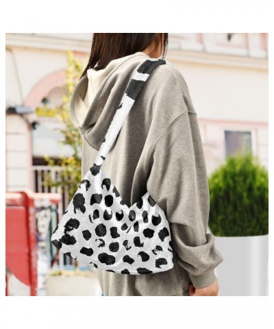 Black White Dots Fluffy Crossbody Bag Furry Tote Bags for Women Fuzzy Purse Handbag Lady Shoulder Bag Large Plush Bag with Zi...