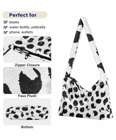 Black White Dots Fluffy Crossbody Bag Furry Tote Bags for Women Fuzzy Purse Handbag Lady Shoulder Bag Large Plush Bag with Zi...