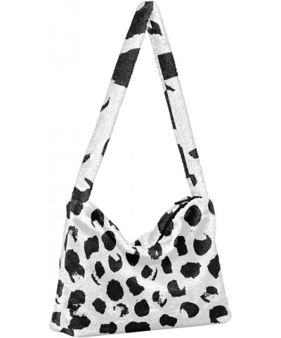 Black White Dots Fluffy Crossbody Bag Furry Tote Bags for Women Fuzzy Purse Handbag Lady Shoulder Bag Large Plush Bag with Zi...