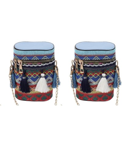 2pcsbag Shaped Coin Bohemian Wide Shape Cylinder Women Bags Bucket Phone Body Lady Cylinder- Cross Woven Fringed Ethnic Retro...