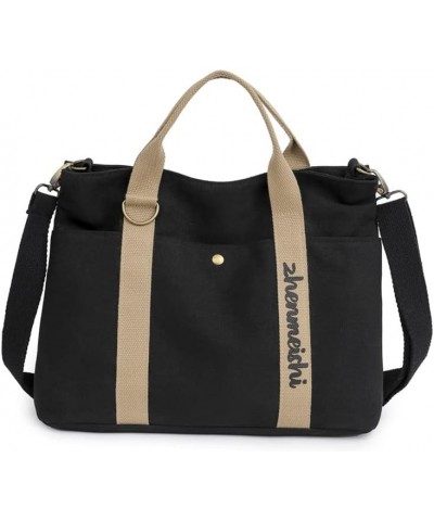 Minimalist Plain Canvas Tote Bag with Pockets Everything Tote Bag Clean Aesthetic Crossbody Tote Bag Black $19.97 Shoulder Bags