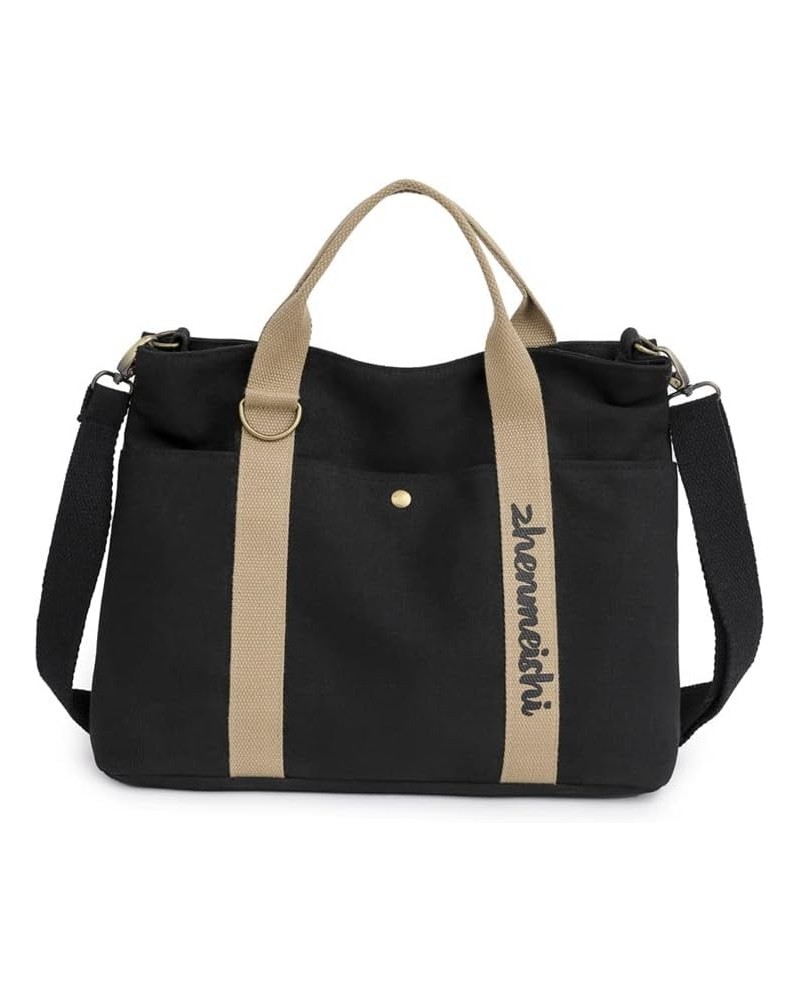 Minimalist Plain Canvas Tote Bag with Pockets Everything Tote Bag Clean Aesthetic Crossbody Tote Bag Black $19.97 Shoulder Bags