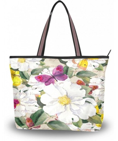 Womens Tote Bag, Vintage Flowers Butterflies Ladies Zip Shoulder Handbags $11.28 Shoulder Bags