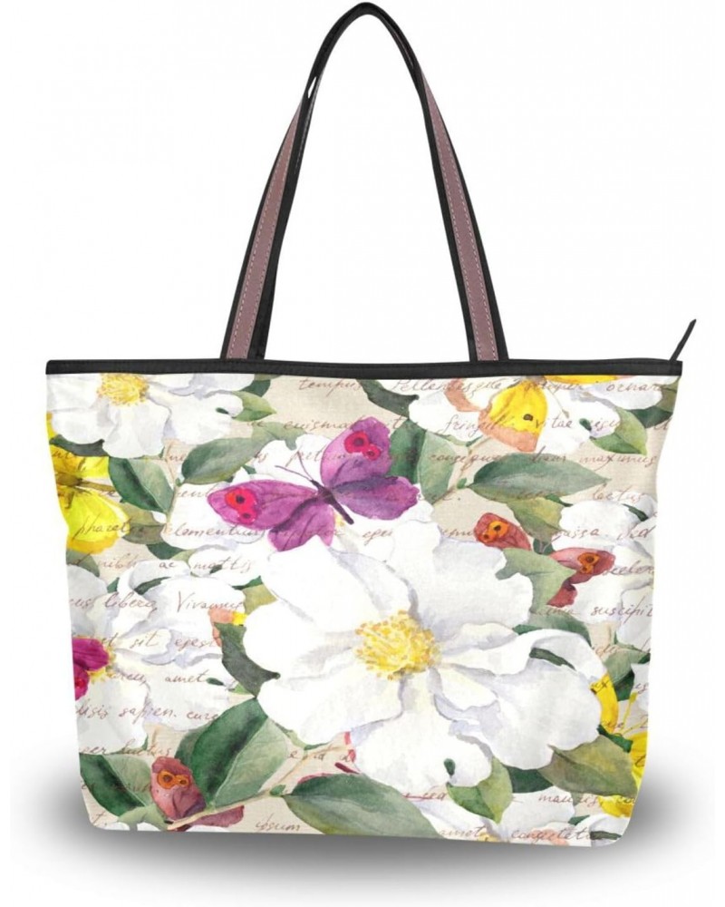 Womens Tote Bag, Vintage Flowers Butterflies Ladies Zip Shoulder Handbags $11.28 Shoulder Bags